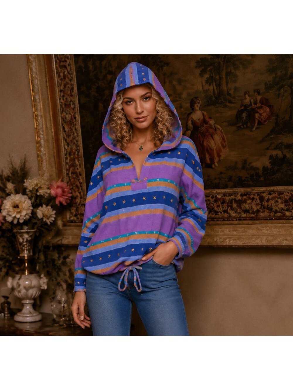 Angelique Hooded Metallic Stripe Top Free Size